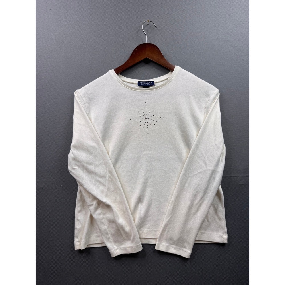 Ann Taylor Factory Store Womens Large Cream Cotton‎ Rhinestone Starburst Top L